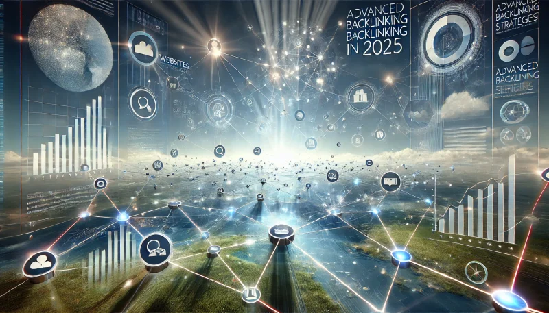 Here is the landscape image for the article on "Advanced Backlinking in 2025." The image visually represents a network of digital nodes and links, symbolizing interconnected websites and backlink strategies, complemented by data-driven visuals. It’s designed to convey the essence of modern, data-centric SEO practices and technological growth.