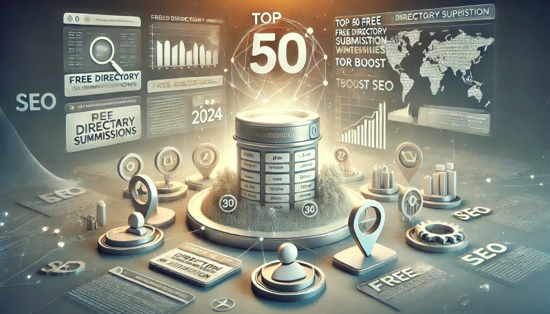 Here is the landscape image titled "Top 50 Free Directory Submission Websites for 2024 to Boost SEO", designed to reflect SEO metrics, directory listings, and a structured approach to boosting visibility through directory submissions.