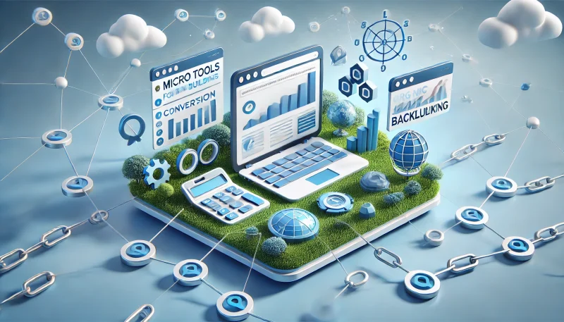 A clean, tech-inspired landscape image representing "Micro Tools for Link Building." The scene shows various digital micro tools on a virtual workspace, such as calculators, conversion charts, and an analytics dashboard, symbolizing simple, web-based tools for SEO. Around the tools, interconnected web icons and backlink chains illustrate organic link-building. The color scheme features professional shades of blue and green, creating a modern, minimalist aesthetic that emphasizes functionality and utility in digital marketing.