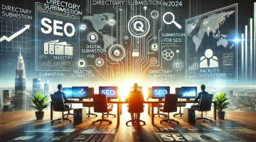 Here’s a professional, landscape-oriented image that aligns with the theme of "Directory Submission for SEO in 2024." This visual reflects the article's focus on using directory submissions strategically for SEO, incorporating elements like analytics, directories, and a clean business setting