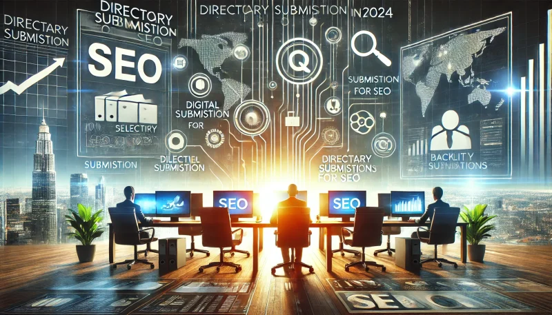 Here’s a professional, landscape-oriented image that aligns with the theme of "Directory Submission for SEO in 2024." This visual reflects the article's focus on using directory submissions strategically for SEO, incorporating elements like analytics, directories, and a clean business setting