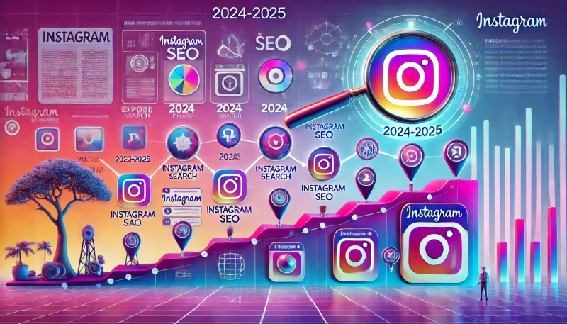 A landscape image depicting the evolution of Instagram SEO, showing a timeline with icons representing key changes in search, hashtags, and algorithms. Features Instagram elements like posts, explore page, reels, and stories with a futuristic '2024-2025' marker, using vibrant Instagram colors.