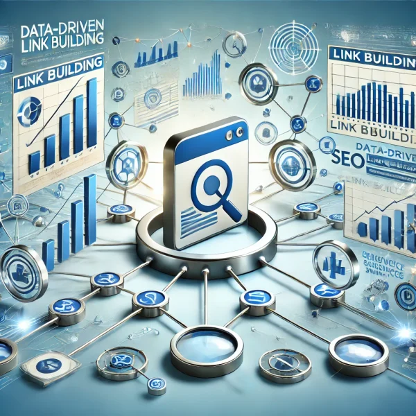 An image representing data-driven link building with surveys and statistics, featuring charts, graphs, and survey forms connected to a central website icon. Lines flow from the icon to various online sources, symbolizing backlinks generated through data and survey insights. Background in blue and white with SEO-related icons, conveying analytics and optimization