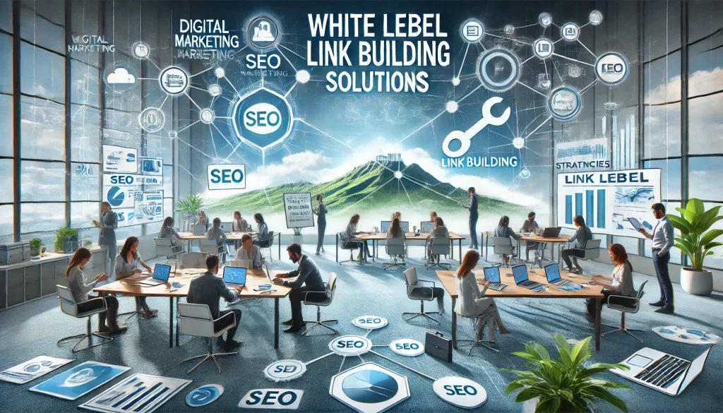 Here is a landscape image created for the article, illustrating the collaborative and interconnected approach of white label link-building solutions for SEO agencies. The design captures the teamwork and digital connectivity central to SEO link-building strategies